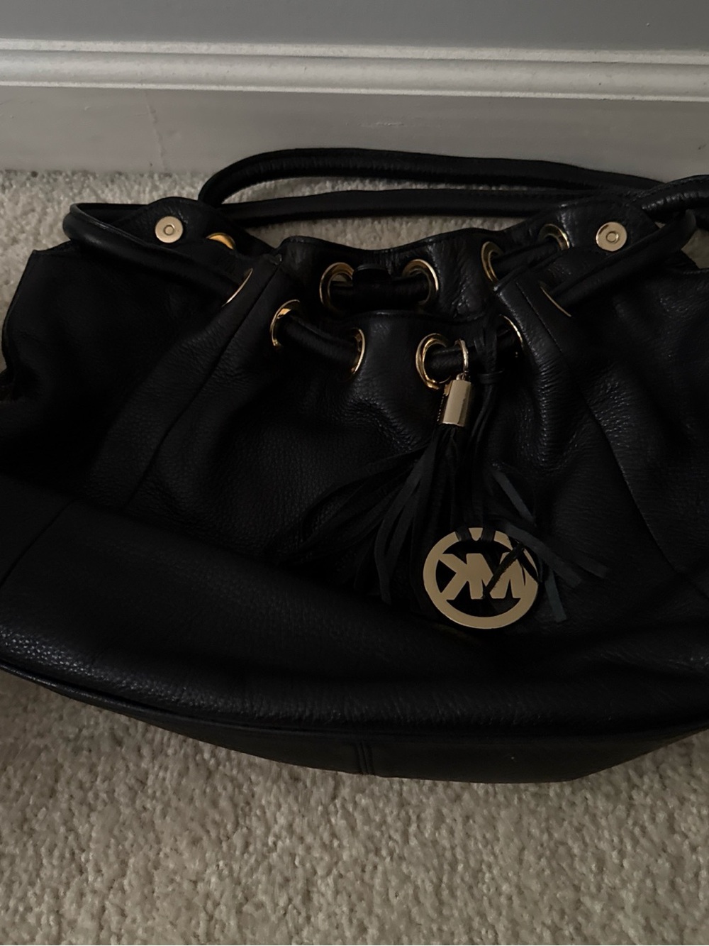 Michael Kors Black Leather Drawstring Hobo with Gold Accents